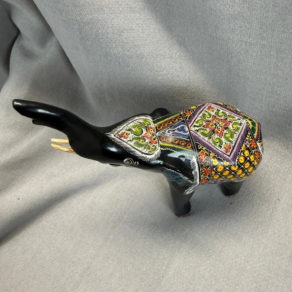 Hand Painted Elephant Figurine Black Multi Color Trunk Up Good Luck Folk Art